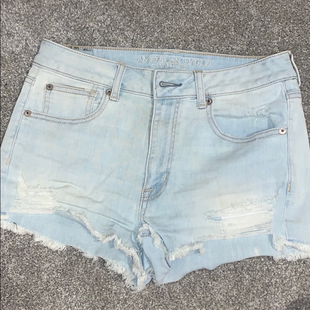 High waisted light wash jean shorts